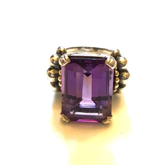 Lagos Glacier Caviar Emerald Cut Amethyst Ring Womens 6 Sterling Silver Gold XL - Picture 13 of 14